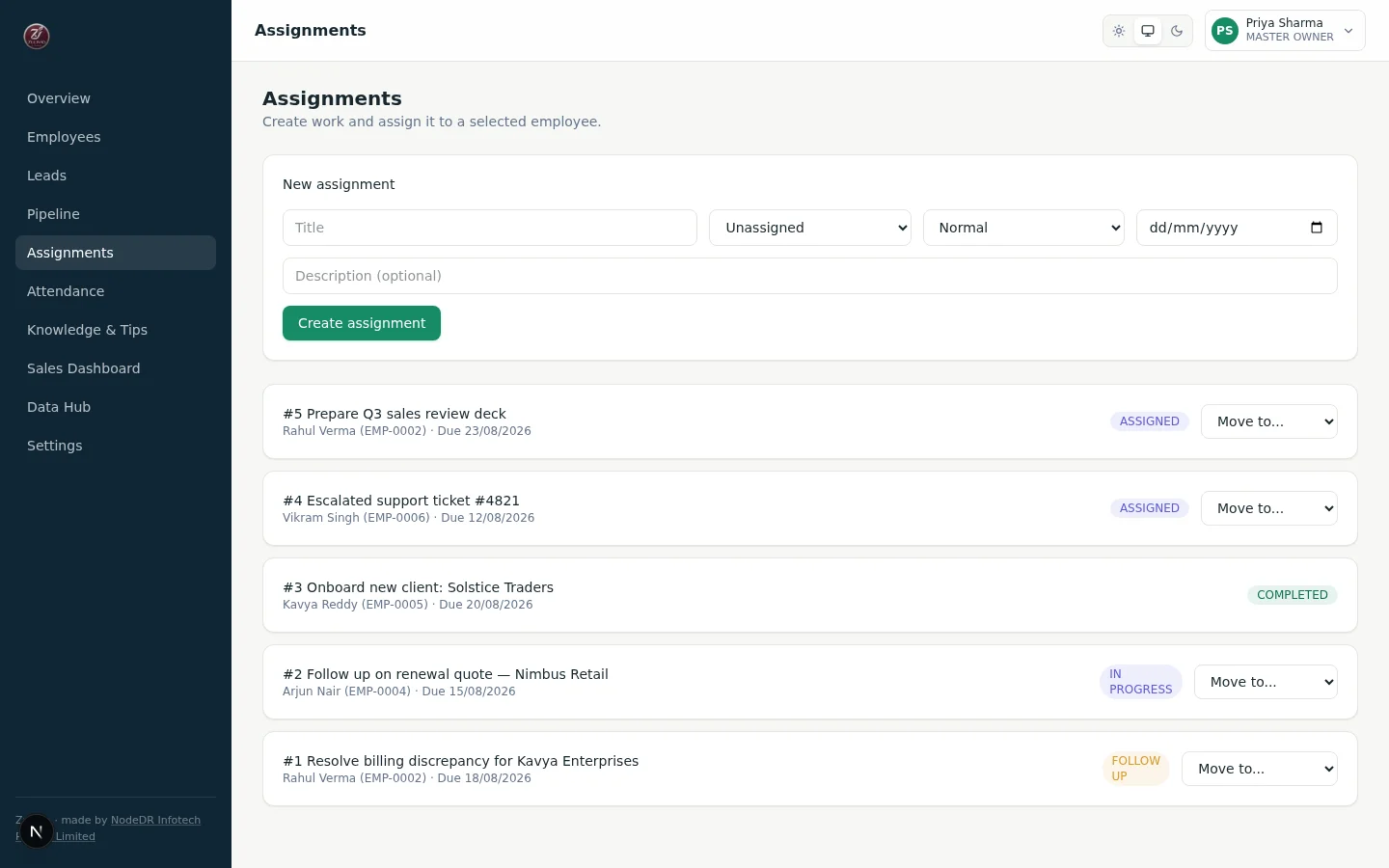 Zulivio assignments board with a guarded status pipeline