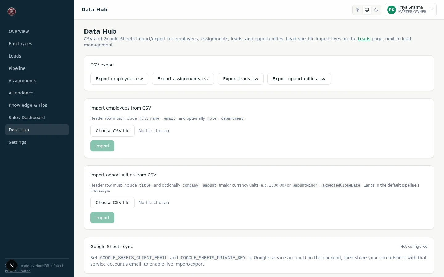 Zulivio data hub with CSV and Google Sheets import/export