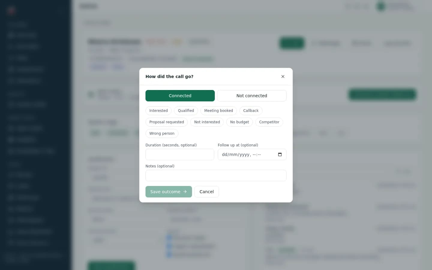 Zulivio call disposition dialog with connected and not-connected outcome options