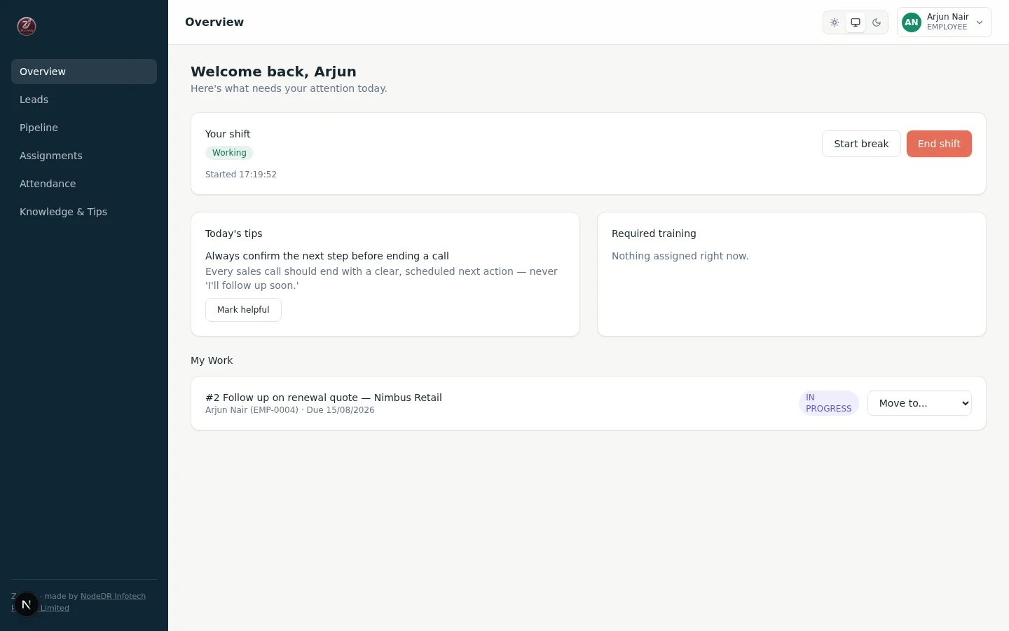 Zulivio employee front page with shift controls, today's tips, and My Work