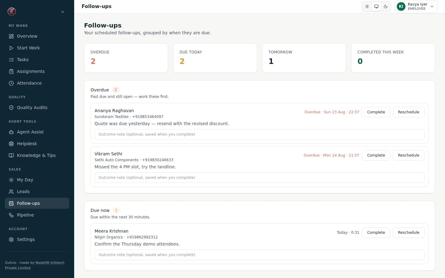 Zulivio follow-ups queue grouped into overdue, due now, and later today