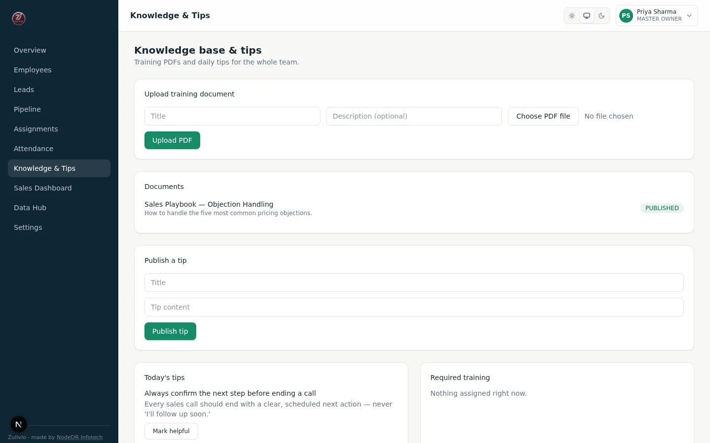 Zulivio knowledge base and tips page with PDF training documents