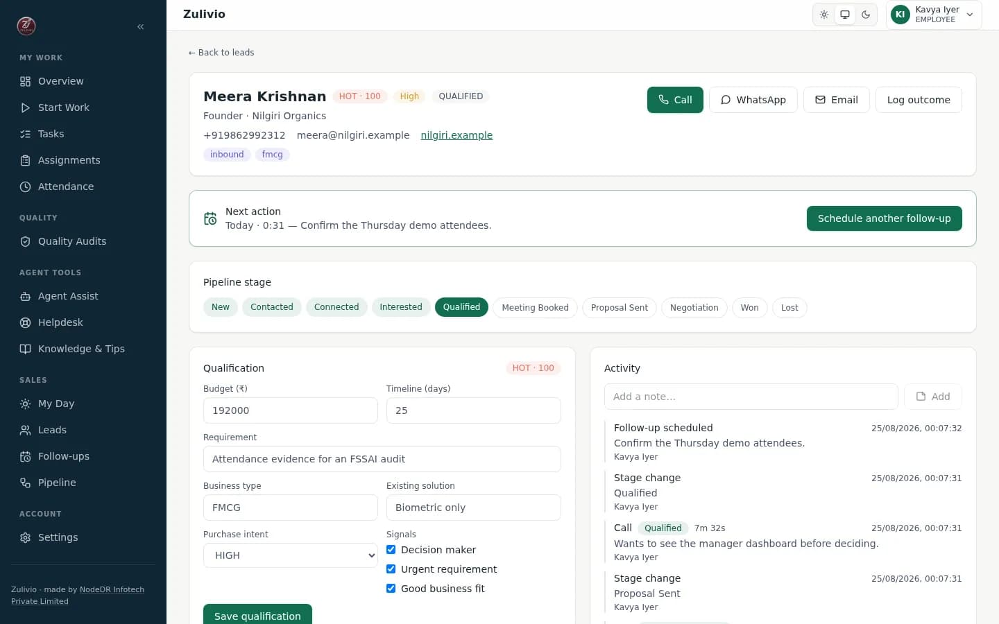 Zulivio lead workspace with contact details, pipeline stage strip, qualification fields, and activity timeline