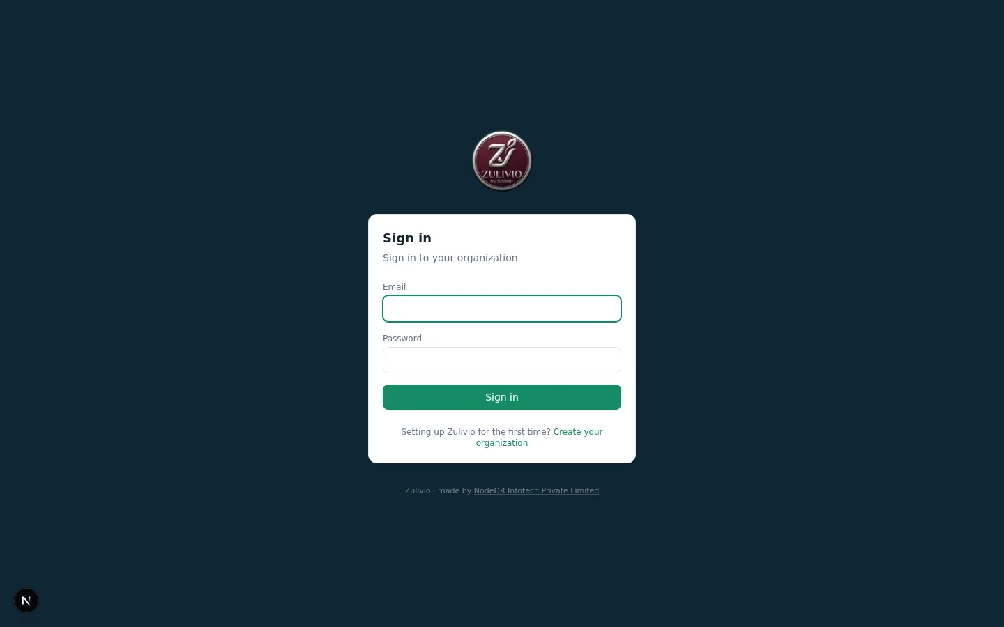 Zulivio sign-in page