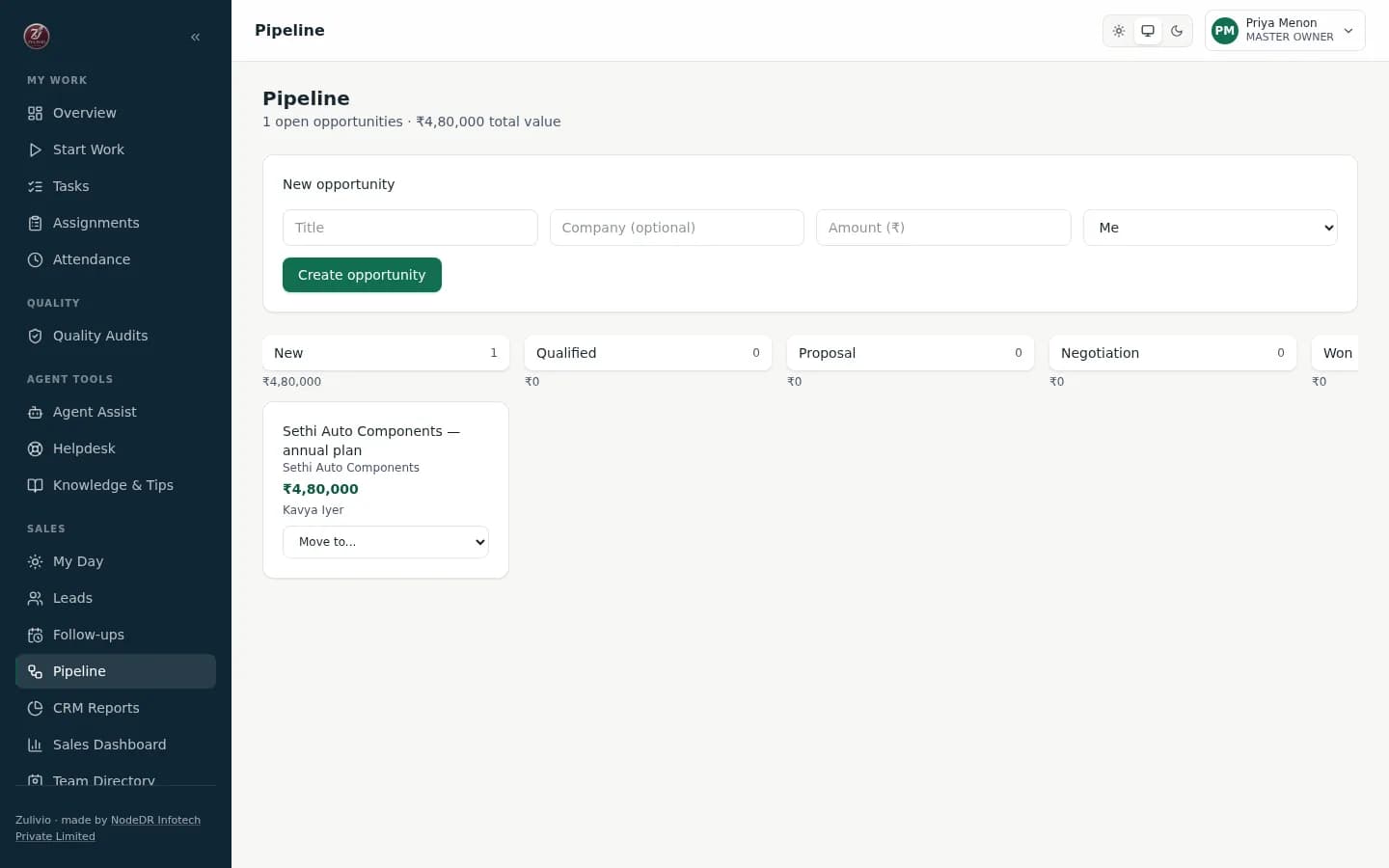 Zulivio deal pipeline Kanban board